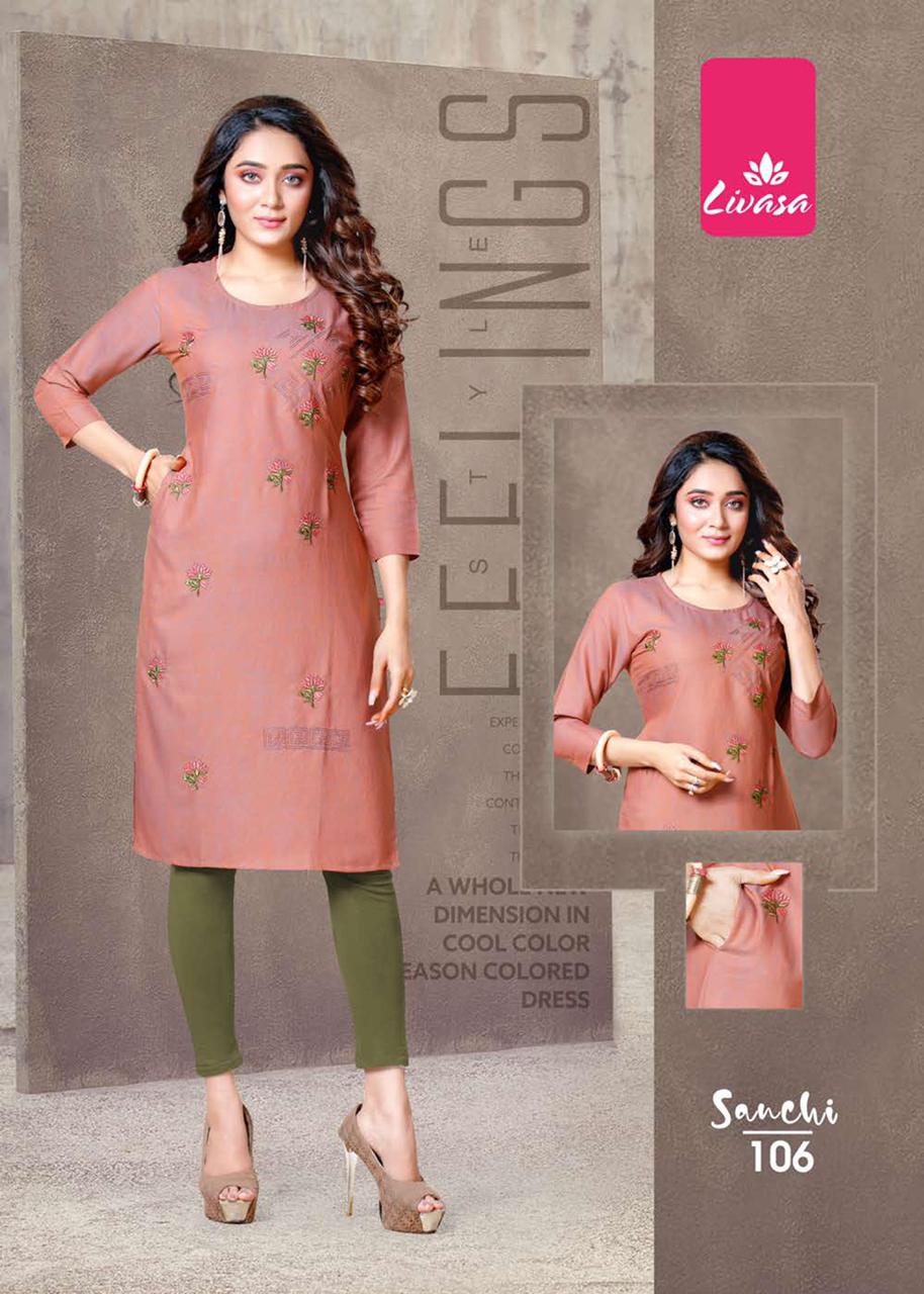 Livasa Sanchi Ethnic Wear Rayon Embroidery Design Fancy Latest Kurti Collection